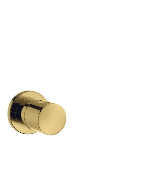 Goldenes Unterputz-Absperrventil von AXOR mit runder Form und glatter Oberfläche, montiert an einer hellen Wand. Minimalistisches Design für moderne Badezimmer.